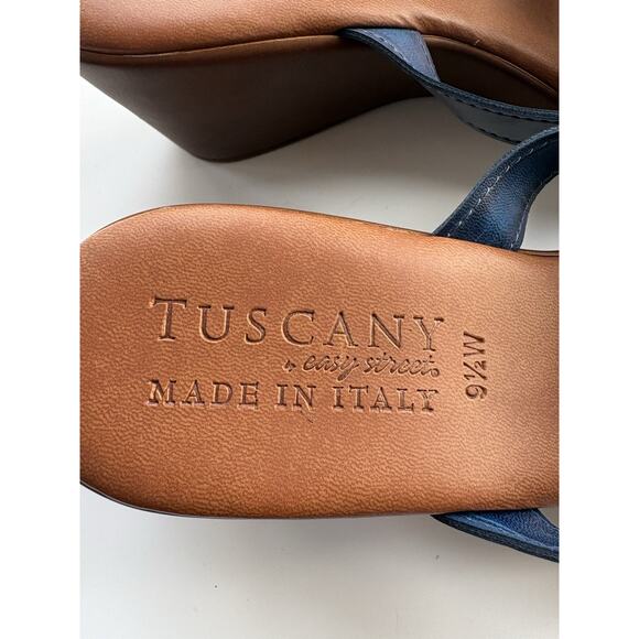 Tuscany Sandals 9.5W Floral Strappy Wedge Easy Street Blue Made in Italy Wide - Picture 5 of 6
